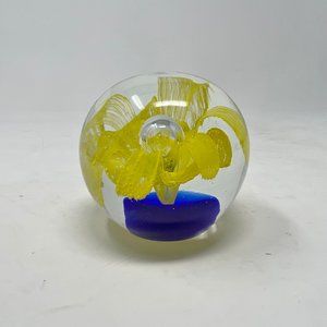 Vtg Art Glass Paperweight Yellow Coba Flower with Clear Glass Center Cobalt Blue